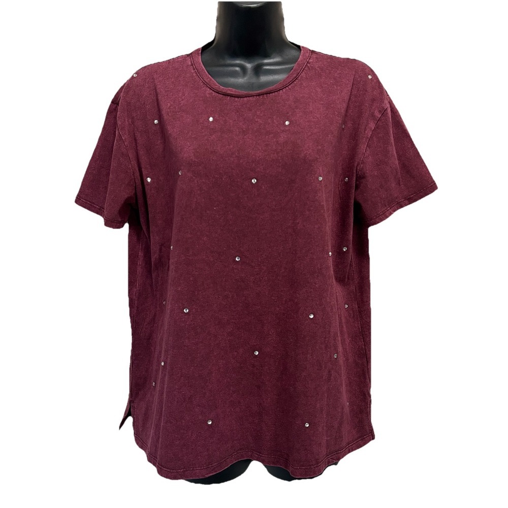 Edgely Burgundy Rhinestone Short Sleeve Crew Neck T-Shirt Size Medium